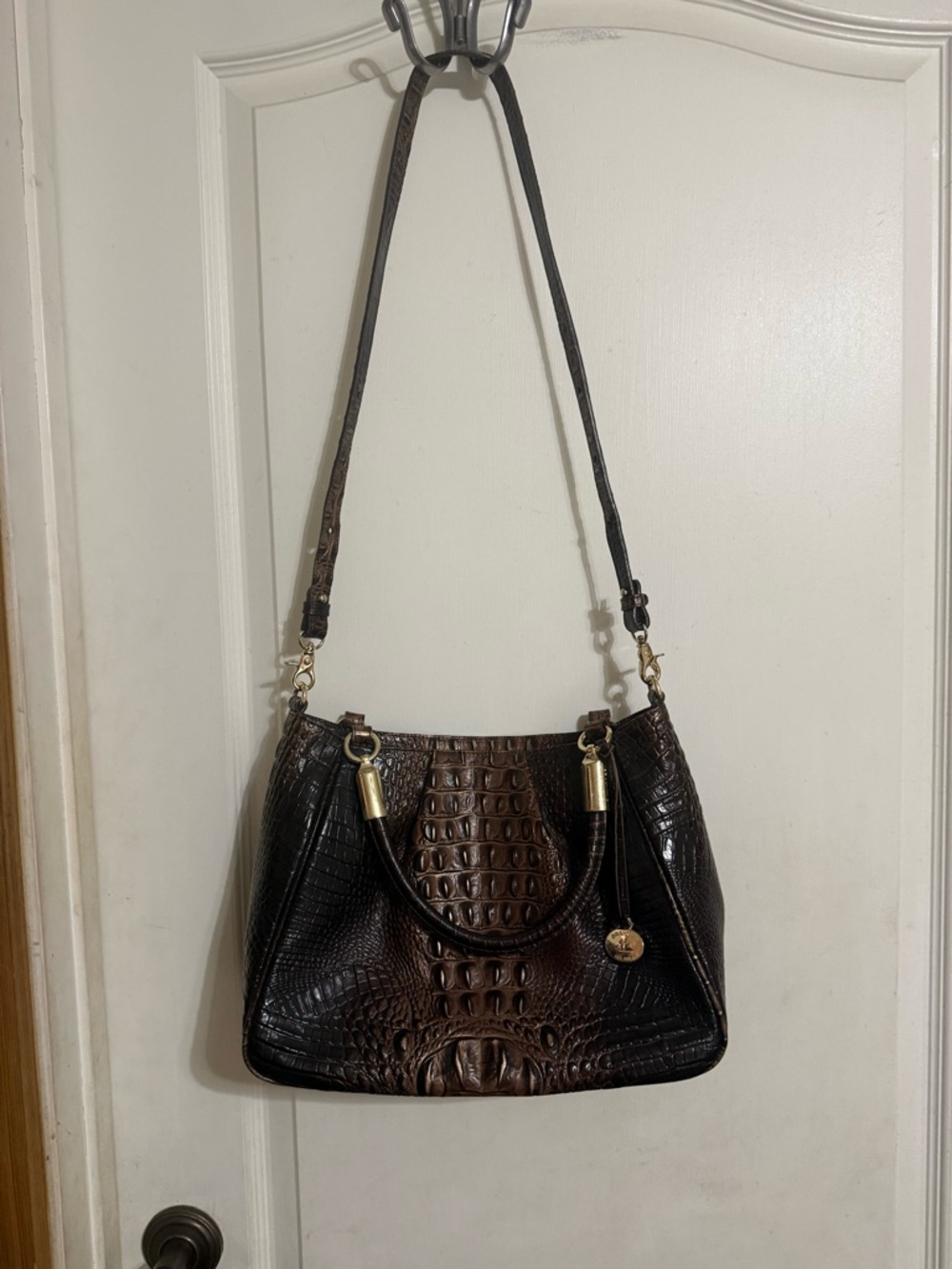 Brahmin Dark Brown Croc-Embossed Shoulder Bag with Gold Hardware